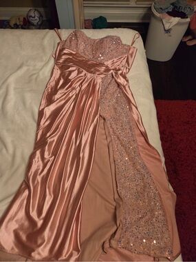 SHEIN Rose Gold Sequin Satin Prom Dress